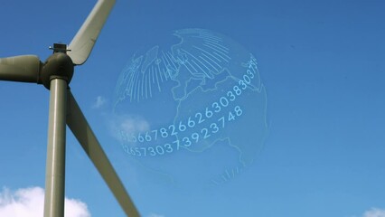 Poster - Animation of globe and numbers with data processing over wind turbine