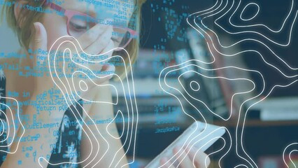 Poster - Animation of white lines and data processing over caucasian woman using smartphone