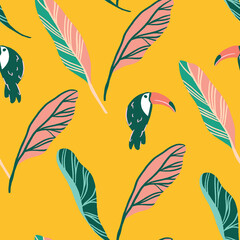  Toucan pattern repeat with tropical jungle leaves in yellow background. Vector illustrations. Great for kids and summer home decor. Surface pattern design.