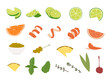 © millering - Various alcohol cocktail garnishes. Lime slices, orange wedge and twist, olives skewer, cutted pineapple, mint twig, herb leaf, maschietto cherry and rosemary. Vector illustration isolated on white.