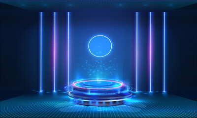 Poster - A dark room with a purple and blue neon podium. Futuristic sci-fi podium, projection hologram of your product. Rendering product display presentation. Futuristic minimal scene in blue modern color.