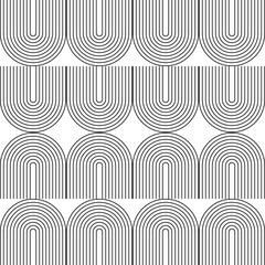 Modern vector abstract seamless geometric pattern with semicircles and circles in retro  style. Black u shapes on white background. Minimalistillustration in Bauhaus style with simple shapes.