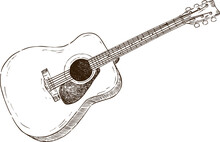 Illustration Sketch Acoustic Guitar In Black And White Style. Vector Illustration