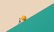 Female Character Pushing A Large Ball Up A Steep Hill. Business Determination Concept. 3D Rendering