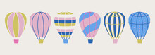 Set Of Vector Hot Air Balloon Illustrations. Collection Of Multicolor Stylish Airship Icons. 