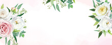 Elegant Floral Banner Design With Blush Pink, Neutral White, Yellow Rose Flowers, Seeded Eucalyptus Branches, Greenery Leaves Bouquet. Watercolor Style Background. Wedding Template Vector Illustration
