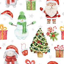 Watercolor Christmas Pattern With Santa Claus, Snowman, Rabbit And Other Christmas Elements Isolated On White Background.