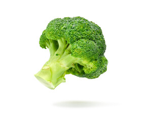 Fresh Broccoli with water dropplets levitate  isolated on white background, Clipping path.