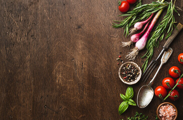 Food background, fresh vegetables and herbs for cooking italian dishes banner, top view