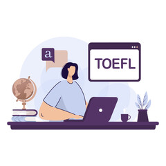 TOEFL International English Language Testing System. Vector illustration concept with woman who preparing for examen online classes speaking club improves languages. Isolated on white background