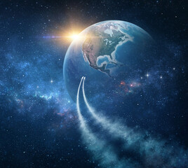 Wall Mural - spaceships traveling through galaxy, space probes passing through stars and nebulae, returning home,