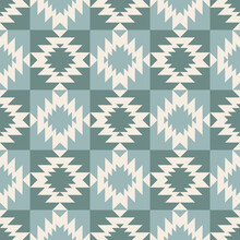 Vector Native Aztec Geometric Shape Blue Green Checkered Color Seamless Pattern Background. Use For Fabric, Textile, Interior Decoration Elements, Upholstery, Wrapping.