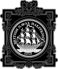 british naval coin with sailboat and vintage frame handmade design vector