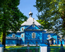 General View And Architectural Details Of The Wooden Temple Built In 1884, The Orthodox Church Of St. Michael The Archangel In The Town Of Nowy Kornin In Podlasie, Poland.