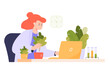 Botanist or biologist doing research about plants at laptop. Woman holding plant with root flat vector illustration. Nature, biology, botany concept for banner, website design or landing web page