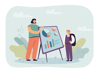 Aufkleber - Female teacher explaining business to schoolboy. Student learning about finances or economy flat vector illustration. Business, education concept for banner, website design or landing web page
