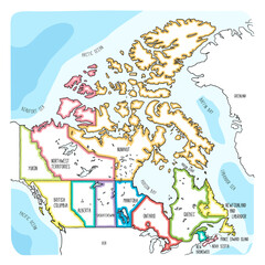 Wall Mural - Hand drawn vector map of Canada. Sketch illustration with provinces and territories