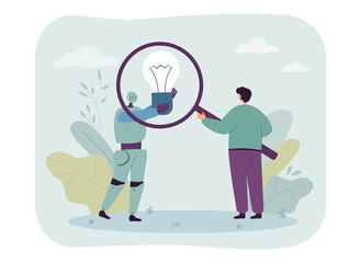 Aufkleber - Man searching for idea and robot character holding lightbulb. Male character examining cyborg with magnifier flat vector illustration. Artificial intelligence, automation, information concept for