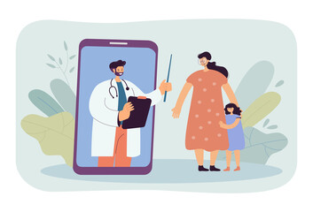 Poster - Online doctor on big phone screen consulting mother and daughter. Appointment or medical examination via mobile app flat vector illustration. Technology, medicine, healthcare concept for banner