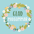 Happy Midsummer Swedish lettering quote. Vector illustration wreath of daisies, daisy, flowers on blue background. Midsummer holiday background concept.
