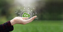 CO2 Emission Concept In Farmers Hands Environmental Icons Global Warming Sustainable Development And Green Business From Renewable Energy Clean And Friendly Environment Without Carbon Dioxide Emission