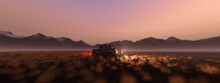Pickup Truck Left On A Vast Plain With Dry Grass And Mountains On The Horizon At Sunset. 3D Render.