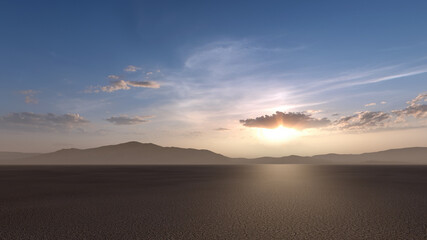 Wall Mural - Vast dry plain in desert with mountains on the horizon at sunset. 3D render.