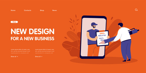 Poster - Customer signing delivery receipt with huge pen. Courier on big phone screen holding clipboard flat vector illustration. Online shopping, delivery service concept for banner or landing web page