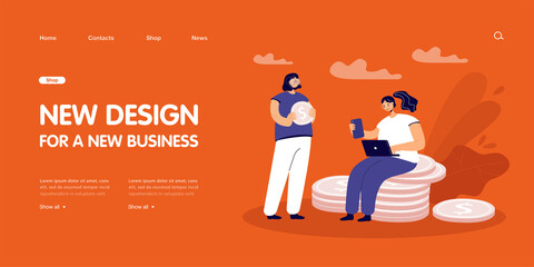 Poster - Female characters with gold coins earning money online. Girl with laptop and phone sitting on stack of coins flat vector illustration. Finances, technology, success concept for banner, website design