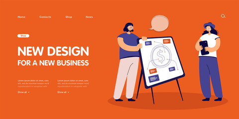 Poster - Analysis of data, profits for student from analyst. People standing near coin research presentation flat vector illustration. Financial literacy concept for banner, website design or landing web page