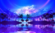 Silhouettes Of Tropical Palm Trees Against An Abstract Background With A Dark Cloud. Reflection Of Palm Trees In The Water. Geometric Figure In Neon Glow. Beach Party. 3d Illustration