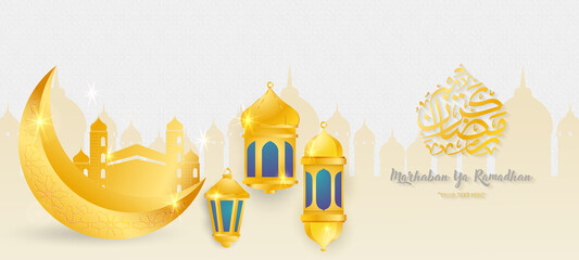 Wall Mural - Ramadan kareem 2022 background. Paper cut vector illustration with lantern,mosque, window, star and moon, place for text greeting card and banner. Mawlid al nabi, birthday of prophet muhammad