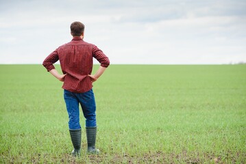 Handsome farmer. Young man walking in green field. Spring agriculture.