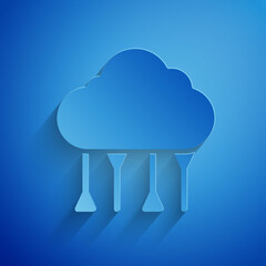 Poster - Paper cut Network cloud connection icon isolated on blue background. Social technology. Cloud computing concept. Paper art style. Vector Illustration