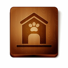 Brown Dog House And Paw Print Pet Icon Isolated On White Background. Dog Kennel. Wooden Square Button. Vector