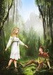 Young couple in the fantasy forest illustration