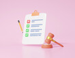Approved and Declined checklist on a clipboard paper and pencil floating on pink background. gavel verdict concept. Judge arbitrate courthouse. judgement Hammer. illustration 3d rendering.