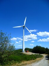 Wind Turbine On A Sunny Hilltop.