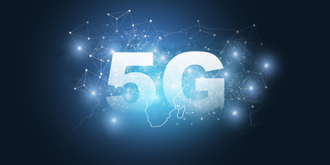 Poster - 5G Network Label with World Map and Polygonal Network Mesh-High Speed Broadband Mobile Telecommunication and Wireless Internet Design,New Cutting Edge Fifth Generation Global Mobile Technology Concept