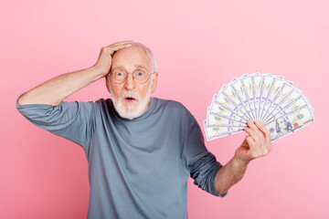 Poster - Photo of sweet impressed retired man grey sweater spectacles rising cash fan arm head isolated pink color background