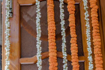 Wall Mural - beads on a wooden background