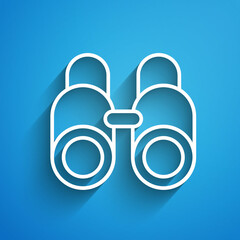 Sticker - White line Binoculars icon isolated on blue background. Find software sign. Spy equipment symbol. Long shadow. Vector