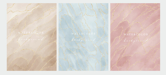 Wall Mural - Set of vector watercolour universal backgrounds with gold glitter and copy space for text	