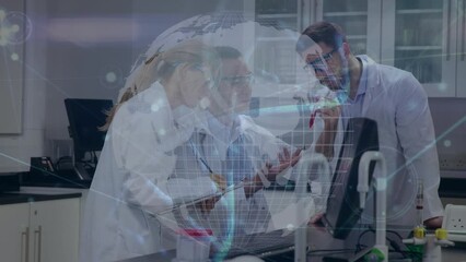 Poster - Animation of networks, data processing and globe over diverse scientists in laboratory