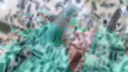 Poster - Animation of covid 19 cells over diverse surgeons wearing face masks in operating theatre