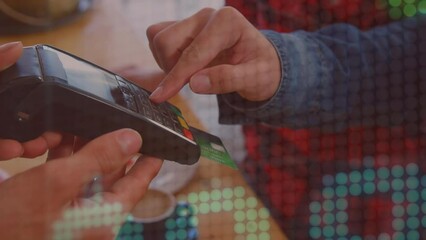 Poster - Animation of financial data processing over caucasian man paying at payment terminal