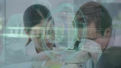 Poster - Animation of scope, dna strand and data processing over diverse scientists in laboratory