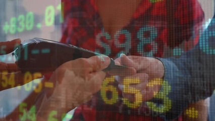 Poster - Animation of financial data processing over caucasian man paying at payment terminal