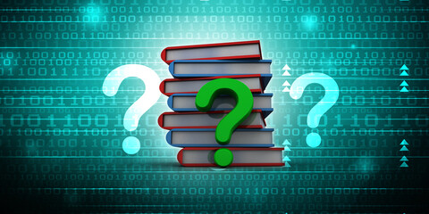 Poster - 3d rendering Books with Question mark Symbol