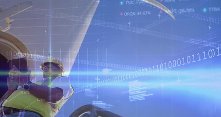 Poster - Animation of data processing over biracial man with tablet and wind turbine